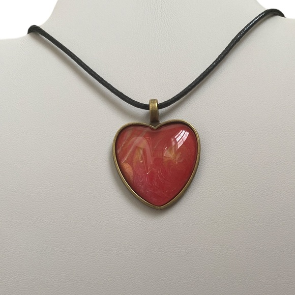 Handmade Heart Pendant Necklace Red and Gold Fluid Art Glass on Black Cord - Picture 4 of 12
